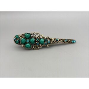 Vintage Hair Clip Barrette Blue Rhinestone Heart Pewter Metal 5" Beautiful